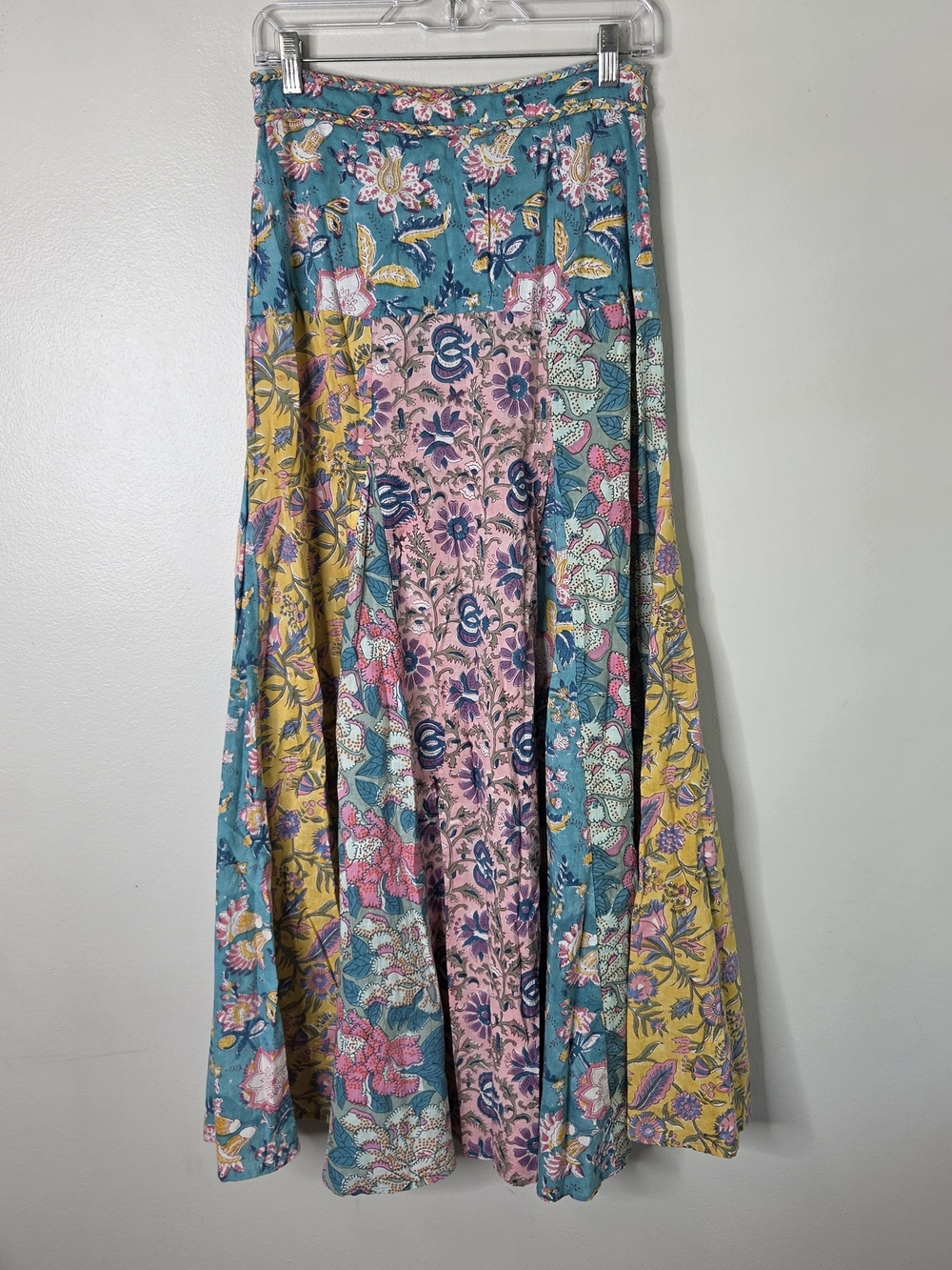Allison New York Colorful Flower Print Patchwork Panels Braided Waidy Maxi Skirt